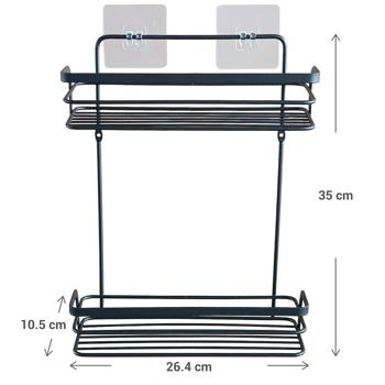 Preview: Duschkorb Metall 2 Etagen schwarz - selbstklebend ohne Bohren für Shampoo & Duschgel - 26,4x10,5x35 cm - 2kg Belastbarkeit je Korb
