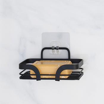 Preview: Porte-savon mural adhésif noir en métal pour salle de bain moderne - Rangement hygiénique sans perçage - 14 x 9,2 x 5,6 cm
