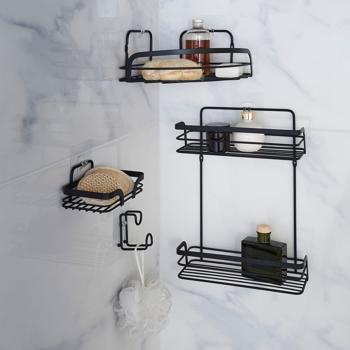 Preview: Porte-savon mural adhésif noir en métal pour salle de bain moderne - Rangement hygiénique sans perçage - 14 x 9,2 x 5,6 cm