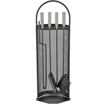 Preview: 4-teiliges Kaminbesteck, schwarz, inkl. Ständer – Komplette Kamingarnitur mit Feger, Schaufel, Schürhaken & Zange für entspannte Kamin-Arbeit