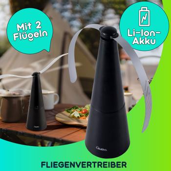 Preview: Akku-Fliegenvertreiber mit 2 Flügeln, tierfreundlicher Fliegenwedler ohne Chemie, Li-Ion Akku, Hinstellen, Aufhängen auf Balkon, Terrasse, im Garten