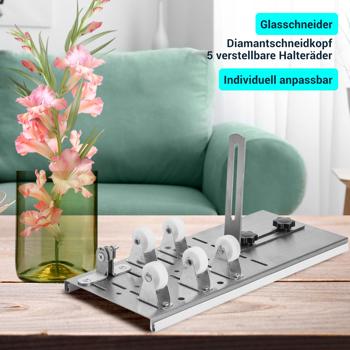 Preview: Glasschneider-Set mit Diamantschneidkopf – Flaschenschneider inkl. Sicherheitshandschuhe, Haltescheiben & Schleifpapier für Glasflaschen