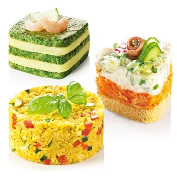 Preview: Stainless steel dessert & food rings, 4 pieces, 2 x circle, 1 x square, 1 x triangle