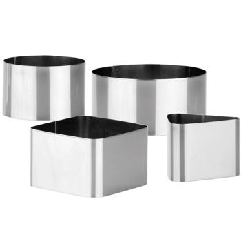 Preview: Stainless steel dessert & food rings, 4 pieces, 2 x circle, 1 x square, 1 x triangle
