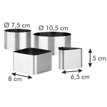 Preview: Stainless steel dessert & food rings, 4 pieces, 2 x circle, 1 x square, 1 x triangle