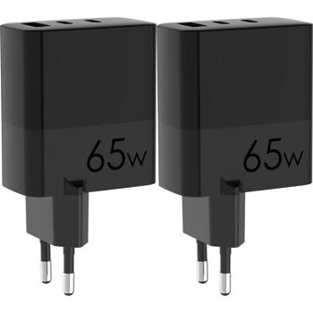 Preview: Lot de 2 Chargeurs USB 65W - Charge Rapide Smartphones Tablettes Ordinateurs Portables - 3 Ports (2x USB-C 1x USB-A) Câbles USB-C 1m Inclus - Noir