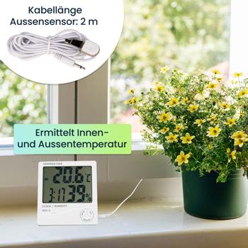 Preview: Digitales Hygrometer & Thermometer mit Aussenfühler, Uhr & Wecker: LCD Display, weiss – Raumklima präzise messen