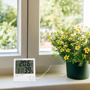 Preview: Digital hygrometer & thermometer with outdoor sensor, clock & alarm clock: LCD display, white - measure indoor climate precisely Preview: Digital hygrometer & thermometer with outdoor sensor, clock & alarm clock: LCD display, white - measure indoor climate precisely
