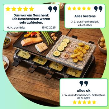 Preview: Elegantes Raclette-Set für 8 Personen (1300W) – Grill- und Steinplatte, Antihaftbeschichtung, Thermostat, Anthrazit – Hochwertiger Tischgrill für gesellige Abende