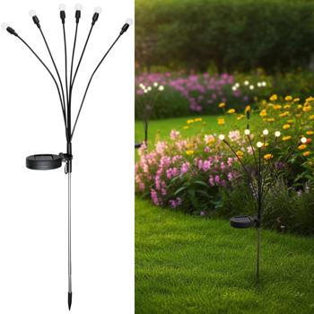 LED solar garden light “Glowworm“ with 6 arms, movable LEDs, stainless steel, IP44, ground spike, black, for magical lighting effects