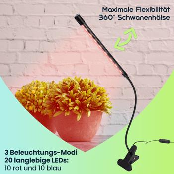 Preview: LED-Pflanzenlampe mit Schwanenhals, Pflanzenwachstumslampe mit 10 dimmbaren Stufen & Timerfunktion, 82 Lumen, 20 LEDs mit 360°-Schwanenhals