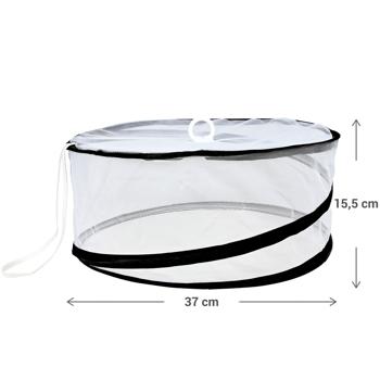 Preview: Couverture Alimentaire Ronde Pliable Anti-Insectes - Protection Mouches & Abeilles - Ø37x15.5cm - Blanche/Noire - Idéale Pique-nique/Maison