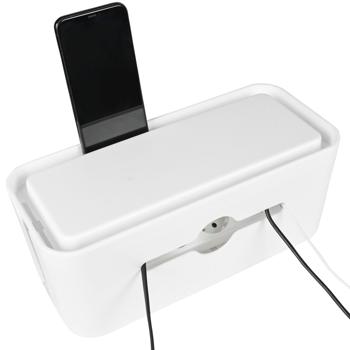 Preview: Scatola portacavi – ordine per scrivania e soggiorno – spazio per ciabatta multipresa, coperchio rimovibile come supporto per tablet/smartphone – 31 x 13,5 x 13 cm, bianco