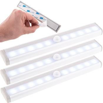 Preview: 3er-Set LED Lichtleiste mit Bewegungssensor – Batteriebetrieben für kabellose Montage – Ideal für Schrank, Treppe, Flur – Inkl. 3M Klebeband, Aluminium/Kunststoff Weiss/Grau