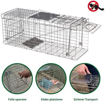 Preview: Robusta trappola per martore (66x26x23cm) in metallo - Con maniglia per il trasporto e protezione dai morsi - Cattura sicura senza ferite per uomini e animali