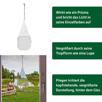 Preview: Insektenabwehr Glas in Tropfenform - Humaner Schutz vor Fliegen & Wespen ohne Gifte/Strom - Dekorativ, für Fenster & Türen, 10x20cm
