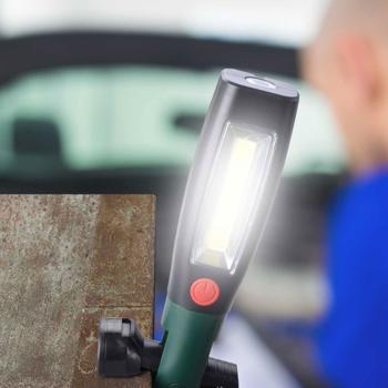 Preview: Lampe de travail 2en1 LED - Lampe de poche avec pied magnétique et crochet rotatif 360° - 250/50 lumens - Pour camping/auto/maison