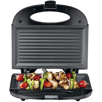 Preview: Macchina per panini e griglia a contatto antiaderente, nera, 750W, per 2 toast o panini, carne o verdure, facile da pulire