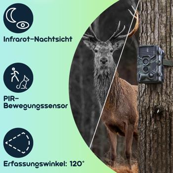 Preview: Full-HD-Wildkamera 24 MP mit 3 Bewegungssensoren, Nachtsicht, Serienbild- & Zeitraffer-Funktion, Farbdisplay, wetterfest, inkl. Akku Solarpanel, 3000 mAh