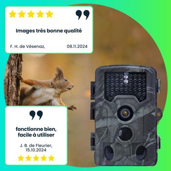 Preview: Caméra de chasse Full HD 24 MP, 3 détecteurs de mouvement, vision nocturne, fonctions rafale et accéléré, écran couleur, piège photo résistant aux intempéries, panneau solaire inclus, 3000 mAh