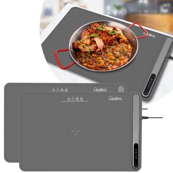 Preview: set di 2 Piastra riscaldante professionale in silicone (250W): tappetino riscaldante elettrico (61x40cm), arrotolabile, regolabile da 55 a 100°C, funzione flessibile di riscaldamento dei cibi