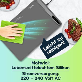 Preview: Profi Silikon-Warmhalteplatte, 2er Set (250W) – Elektrischer Speisenwärmer mit 3 Stufen (55-100°C), Warmhaltematte mit LCD-Touch-Display, rollbar, 61x40cm Preview: Profi Silikon-Warmhalteplatte, 2er Set (250W) – Elektrischer Speisenwärmer mit 3 Stufen (55-100°C), Warmhaltematte mit LCD-Touch-Display, rollbar, 61x40cm