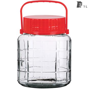 Preview: Vorratsglas mit Henkel - Weithalsglas 1 Liter, Glas & Kunststoff - Hygienische & mottenfreie Lagerung - Ideal zum Fermentieren von Obst/Gemüse, mit 2 Verschlusskappen