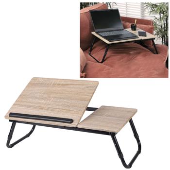Preview: Klappbarer Laptop-Tisch - Höhenverstellbar, Ergonomisch für Nacken & Rücken, Bett Sofa Arbeit - MDF, Metall, Braun/Schwarz - Platzsparend verstaubar