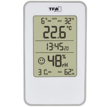 Preview: Thermo-hygromètre digital intérieur - Affichage zones de confort, température, humidité - Mesure min/max, smiley, piles, blanc/gris