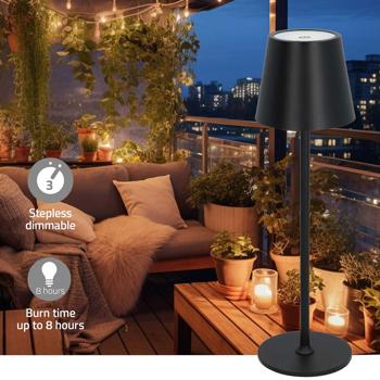 Preview: Lampe de table premium sans fil noire – commande tactile, IP44, intérieur et extérieur, pratique et élégante