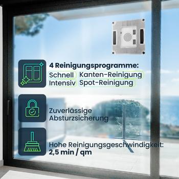 Preview: Fensterputz-Roboter mit 4-fach-Sprüher & Fernbedienung – Automatischer Fensterreiniger, bürstenloser Motor & 4500 Pa Saugleistung Preview: Fensterputz-Roboter mit 4-fach-Sprüher & Fernbedienung – Automatischer Fensterreiniger, bürstenloser Motor & 4500 Pa Saugleistung