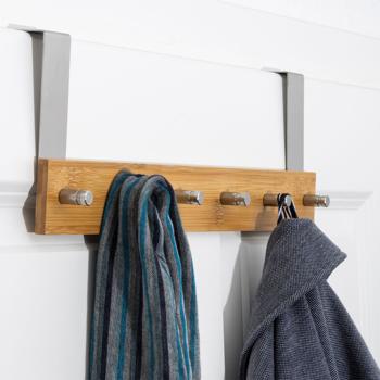 Preview: set of 2 door coat racks, stainless steel & bamboo, with 6 hooks