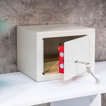 Preview: Coffre-fort de meubles robuste blanc - Protection sûre objets de valeur, bijoux, documents - Acier massif 23x17x17cm - 2 clés incluses