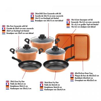 Preview: Set Casseroles Cuivre 9 Pièces avec Couvercles Verre - Plaque Cuisson Incluse Antiadhésif PFOA/Plomb/Cadmium - Tous Feux Induction Lave-Vaisselle