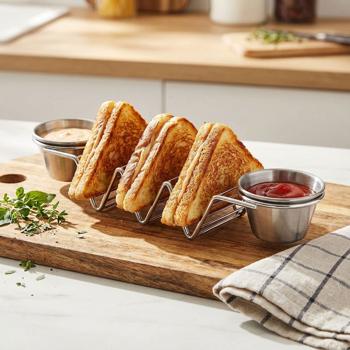 Preview: Support à tacos et sandwiches – 2 coupelles à sauce & support 3 emplacements – acier inoxydable, compatible four & grill jusqu’à 260°C, passe au lave-vaisselle – 28,5x6,3x4cm
