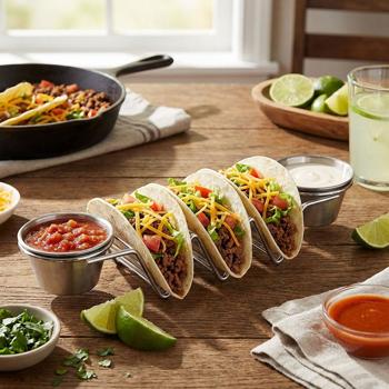 Support à tacos et sandwiches – 2 coupelles à sauce & support 3 emplacements – acier inoxydable, compatible four & grill jusqu’à 260°C, passe au lave-vaisselle – 28,5x6,3x4cm