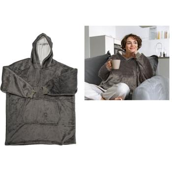 Preview: 2er-Set XXL Superflauschige Kuscheldecke mit Ärmeln, Kapuze & Bauchtasche, grau, Gemütlichkeit für kalte Tage & Ideal für Fernsehabende & mehr