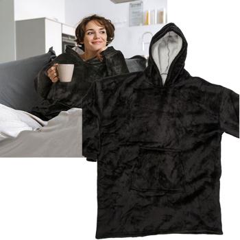 Preview: 2er-Set XXL Kuscheldecke mit Ärmeln und Kapuze: schwarz, 700g, Bauchtasche - Deckenpullover, Decken Hoodie, flauschig, bequem zum anziehen
