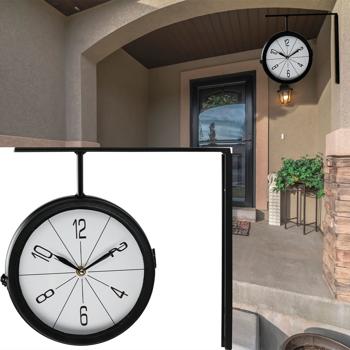 Preview: 2er-Set Wanduhr im Bahnhofsuhr-Design - doppelseitige Metall-Glas-Konstruktion - Ø 20cm - kabellos - Schwarz/Weiss - für Eingangsbereich & Innenräume