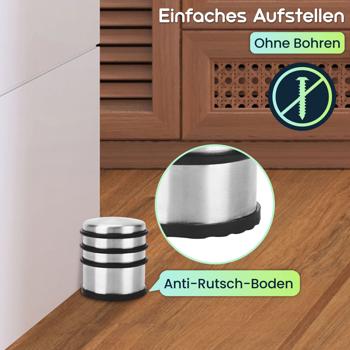 Preview: Massiver Tür Stopper aus Edelstahl mit Anti-Rutsch-Boden und Gummiringen, 1300 g, schwer und rutschfest, ohne Bohren