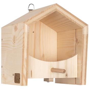 Preview: Mangiatoia per uccelli in legno di abete sostenibile con posatoio - Realizzata a mano in un‘istituzione sociale - Lavorazione eccellente per un divertimento duraturo