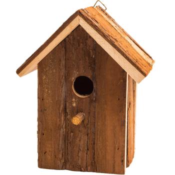 Preview: Nistkasten Vogelhaus für Finken & Meisen - Schutz vor Kälte/Brüten - unbehandeltes Holz, Sitzstange, Dachüberstand - 20x17x12 cm