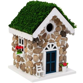 Preview: Lovely nesting aid, stone house look, real stones & artificial turf - bird house for tits & pied flycatchers, detailed decoration