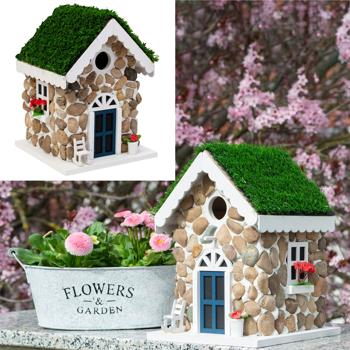 Preview: Lovely nesting aid, stone house look, real stones & artificial turf - bird house for tits & pied flycatchers, detailed decoration