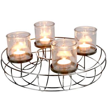 Preview: Adventskranz Drahtgeflecht - inkl. 4 Windlichtern aus Glas, Ø 35 cm - Individuell gestaltbar, nachhaltige Weihnachtsdeko für Ihr Zuhause