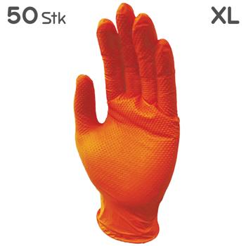 Preview: Nitrilkautschuk Handschuhe XL orange - 50 Stk. Einmalhandschuhe mit Diamantenstruktur - Schutz für Öl, Farbe, Reinigung & Grillgut - Lebensmittelkontakt geeignet