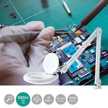 Preview: Lampe loupe LED claire - Grossissement 1.75x, bras articulé flexible 260°/210° - 9W, 685 lumens, 56 LED SMD, blanc froid 6500K, pince table 60mm