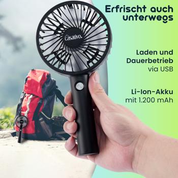 Preview: Flexibler 2in1 Hand- & Tischventilator (schwarz): Akku- & USB-Betrieb, 3 Stufen für optimale Kühlung, kompakt, tragbar & ideal für Büro, Reise & Zuhause