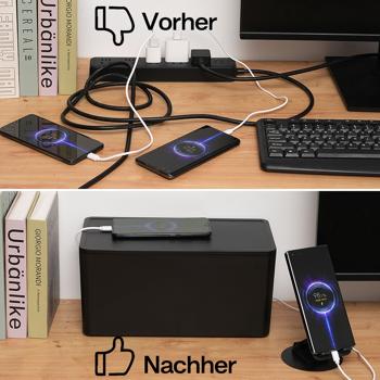 Preview: 6-fach Steckdosenleiste mit genialer Kabelbox schwarz (CH) PLUS 3x USB-A, USB-C, 15W – Optimal für ordentliches Laden & sichere Stromversorgung Preview: 6-fach Steckdosenleiste mit genialer Kabelbox schwarz (CH) PLUS 3x USB-A, USB-C, 15W – Optimal für ordentliches Laden & sichere Stromversorgung