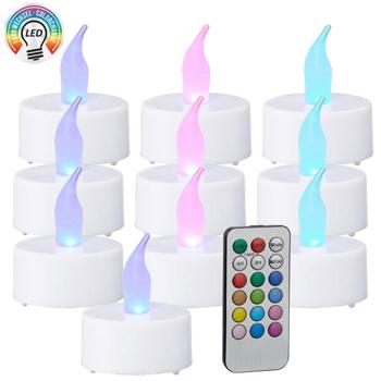 Preview: Colorful set of 10 LED tea lights with remote control: 4/8h timer, Ø4cm, incl. batteries, for cozy evenings and ingenious decorations